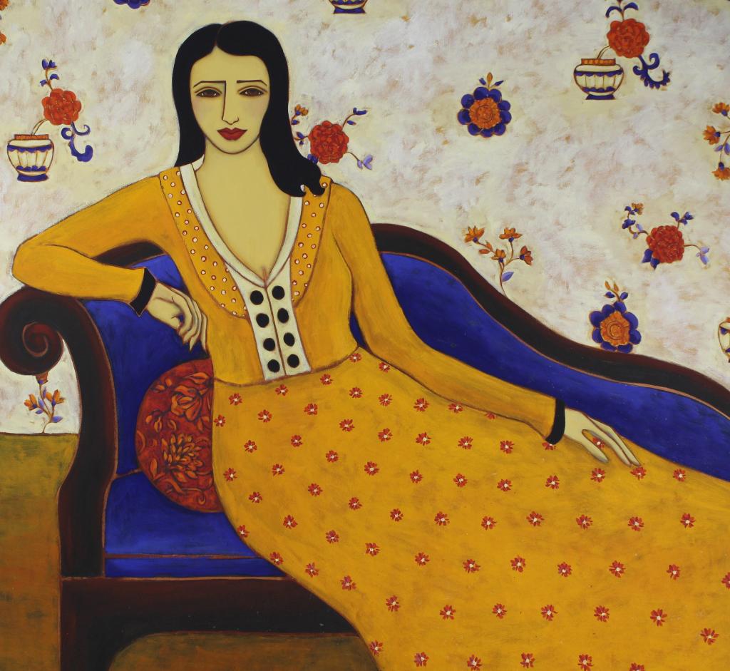 Karen Rieger (Canada) Oil Painting on Canvas: "Woman with Saffron Gown", 2009. Portrait of a woman reclining on lounge sofa. Signed with initials lower left. Titled and signed to the reverse along with Fountainhead Gallery (Seattle) label. 40" x 