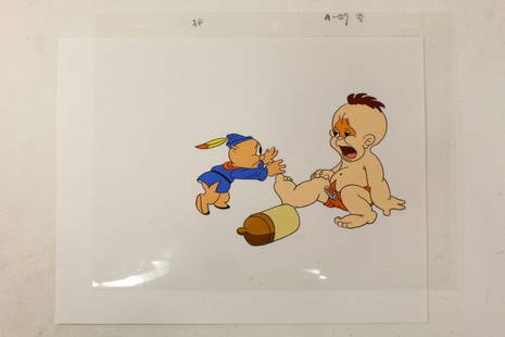 1939 Porky Pig Animation Cel: Redrawn colorized animation cel from 1939's Porky the Giant Killer, a Looney Tunes short. Hole puched and with notations at top. Excellent condition.10.75 x 8.25" approx.