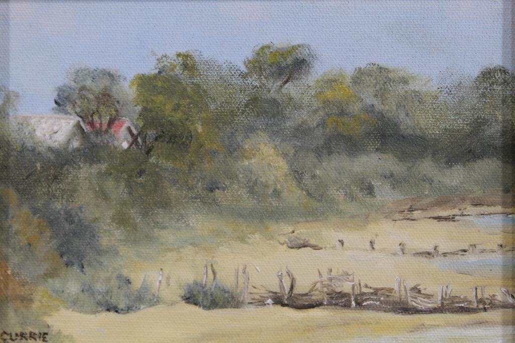 Marjorie Currie (Australia) Beach Oil Painting: "Blairgowrie Foreshore". Canvas mounted to Masonite board. Signed Currie lower left. Signed and titled to the reverse. Gilded wood frame; minor small chips. Panel 6" x 8". Frame 8.75" x 10.75".