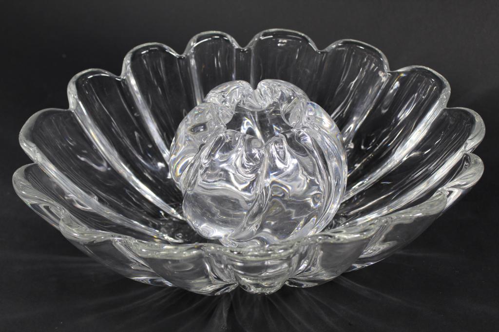 Orrefors Rose Bowl Vase & Glass Bowl: (1) Vintage Orrefors rose bowl vase. Hand etched Orrefors and numbers to bottom. 4.5" H x 5" dia. approx. (2) Vintage oval centerpiece bowl. Unmarked. 4.25" x 13" x 9.25". Both excellent condition.