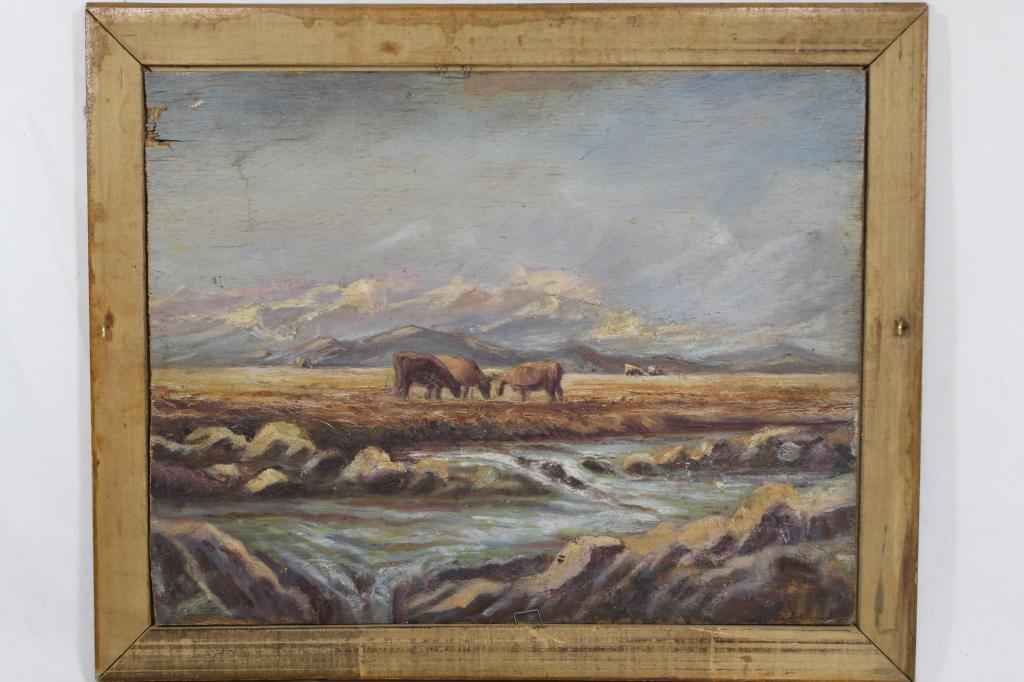 Antique Folk Art Double Sided Oil Painting: Oil painting on thin plywood panel. Side #1 with trees and country lane. Side #2 Cows in field with small creek. No apparent signatures. Small breaks and losses to upper area of one side. Early 20th c