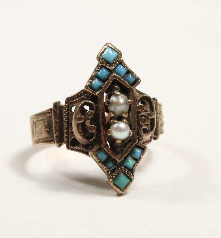 Lady's 14k Gold Pearl and Turquoise Art Deco Ring (1 of 4)