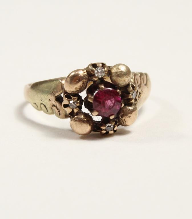 Lady's 14k Synthetic Ruby and Diamond Ring (1 of 4)