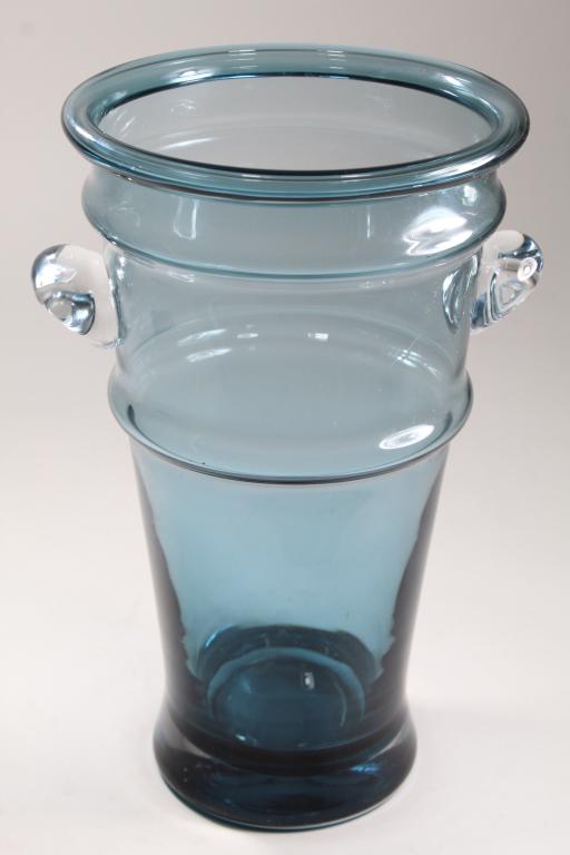 Champagne Wine Ice Bucket / Vase: Pale ice blue glass with clear applied handles. Possibly Scandinavian. Small factory flaw crack to rolled lip; otherwise excellent condition. 12 3/8" H x 7 3/8" lip dia.