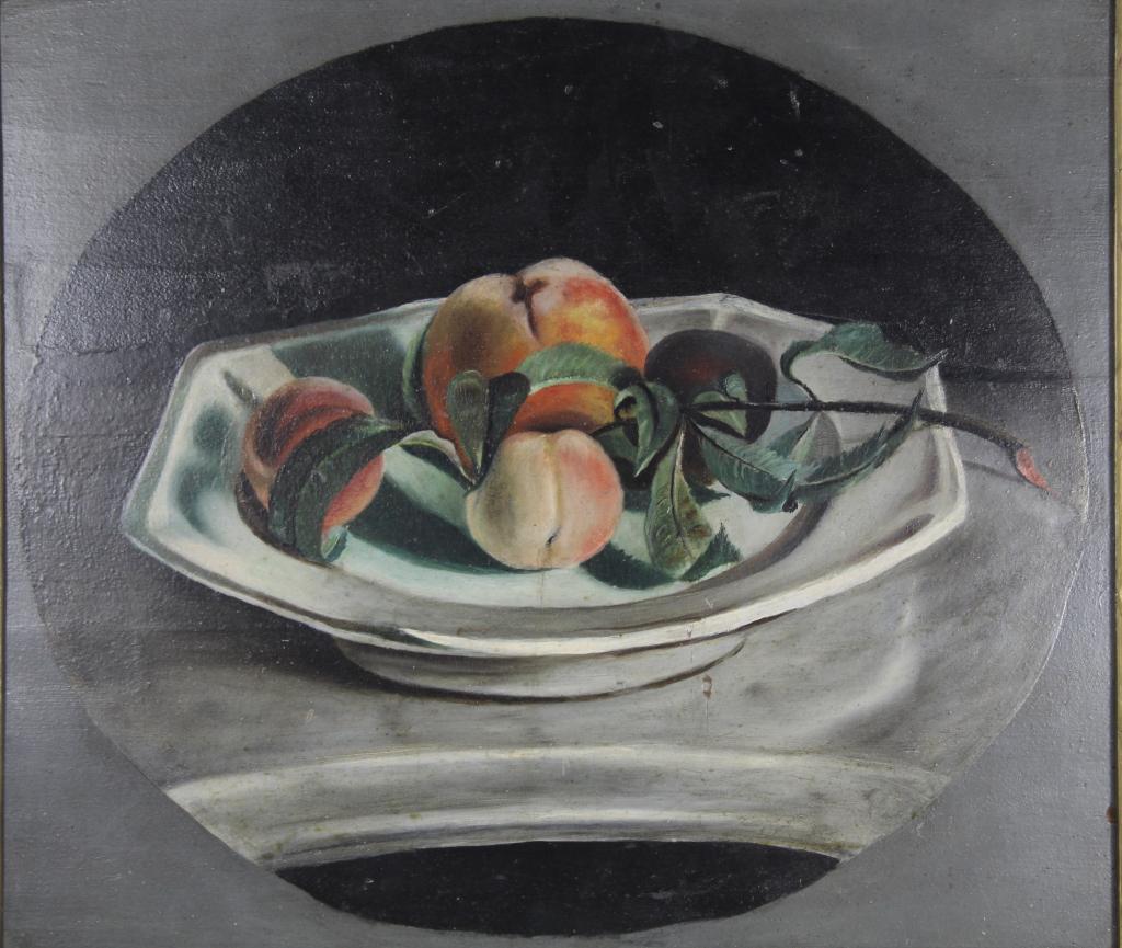 Antique Folk Art Painting on Wood Panel: Oil on solid wood panel. Still life of fruit in white ironstone bowl. No apparent signature to front; possible "Ledyard" pencil signature to the reverse. Gilt gesso frame. Very good condition with lig