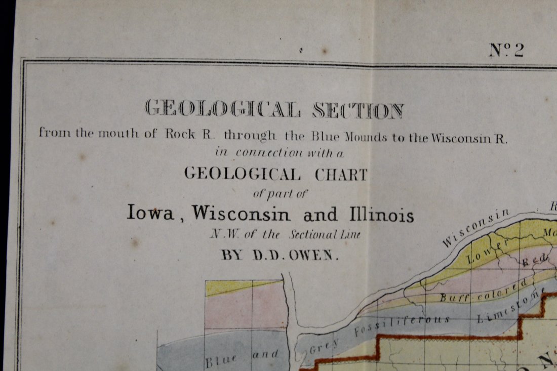 19th C. Geological Chart Iowa Wisconsin Illinois: Geological Section from the mouth of Rock R. through the Blue Mounds to the Wisconsin R., in connection with a Geological Chart of part of Iowa, Wisconsin and Illinois N.W. of the Sectional Lane by D.