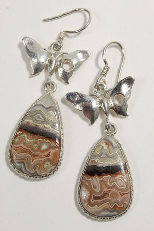 Sterling & Picture Jasper Earrings: Matching polished picture jasper stones in sterling settings. Marked 925 INDIA. Stones 7/8" L x 1/2" approx. Length with setting 1 3/4" approx.