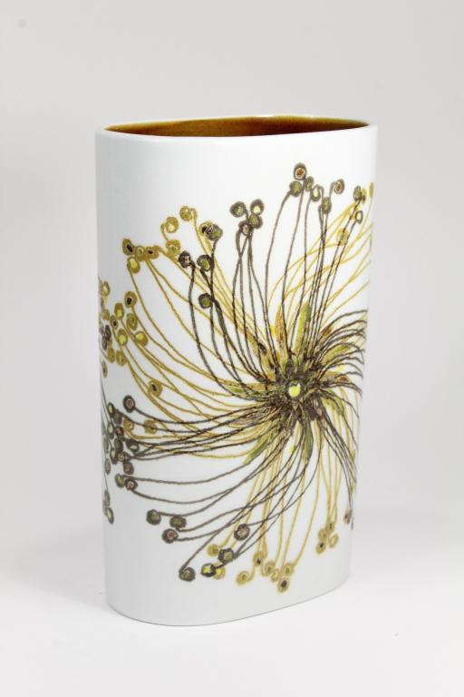 Large Ellen Malmer Royal Copenhagen Vase: Fajance vase by Ellen Malmer for Royal Copenhagen. Floral motif. Golden brown interior. 12.5"h x 7.75" w. Excellent condition. 12.5" x 8" x 5".