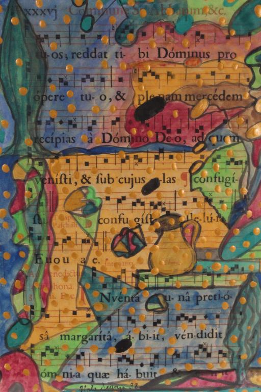 Italo Scanga (1932-2001) Mixed Media Painting: "Dominus L 13", 1998. Watercolor and bronze metallic acrylic paint on sheet music panel. Signed and dated 98 center bottom. Appears in excellent condition. Artwork 15" x 10.25". Frame 21" x 17".