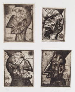 Alexander Brodsky / Ilya Utkin (Russia) Etching: Four Head Composite from Brodsky and Utkin: Projects 1981 - 1990. Pencil numbered 25/ 30, signed, and dated 1990 under lower two images. Three blindstamps lower right corner. Custom bronze tone