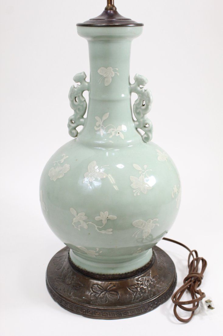 Vintage Chinese Slip Decorated Celadon Vase Lamp (1 of 6)