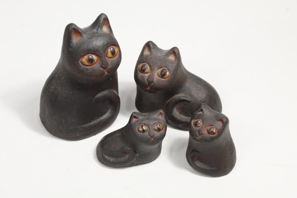 Thyssen Keramik Cats: Set of 4, varying heights between 1.5" and 3". Each marked with impression: Thyssen Karamik Danmark. Excellent condition.