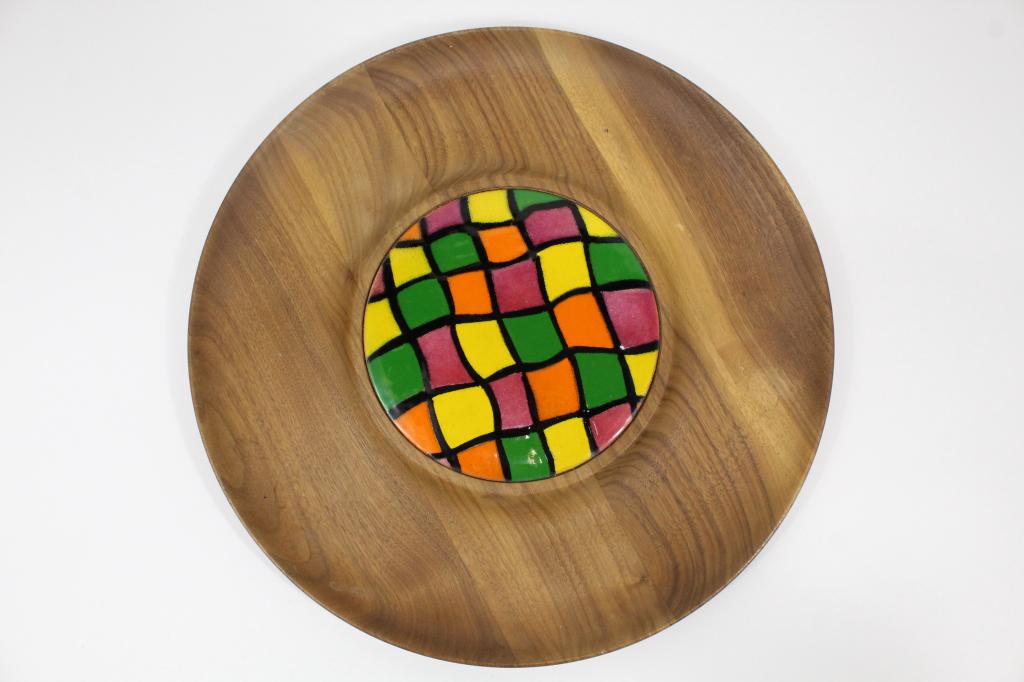 Ernest Sohn Teak Tray Ceramic Cheese Board: Round teak tray with ceramic center. Excellent condition. Signed on reverse.13.75" diameter.