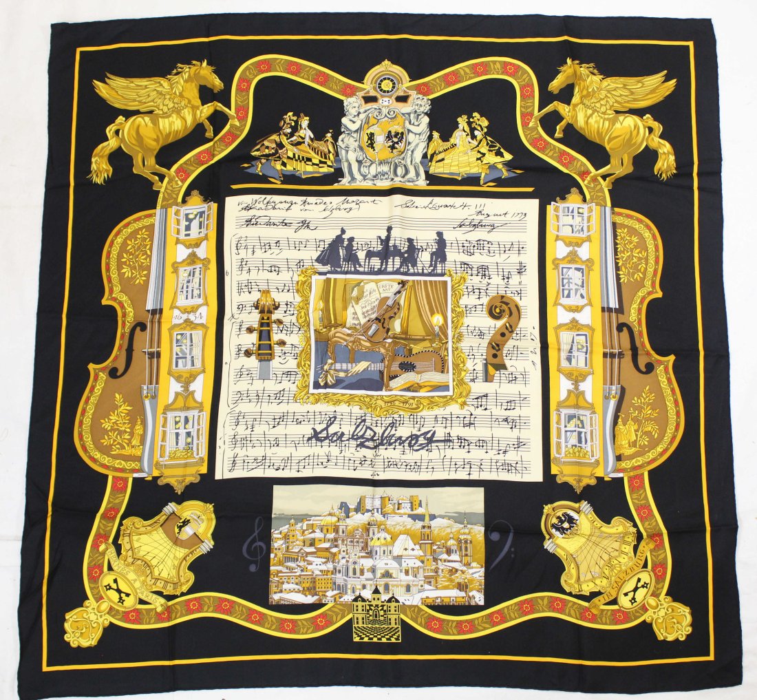 Hermes Salzburg Silk Scarf: Designed by Loic Dubigeon. Original MADE IN FRANCE label. Hand rolled and stitched edges. Very good condition with no apparent spots, pulls, holes, etc. 34" x 35" approx.