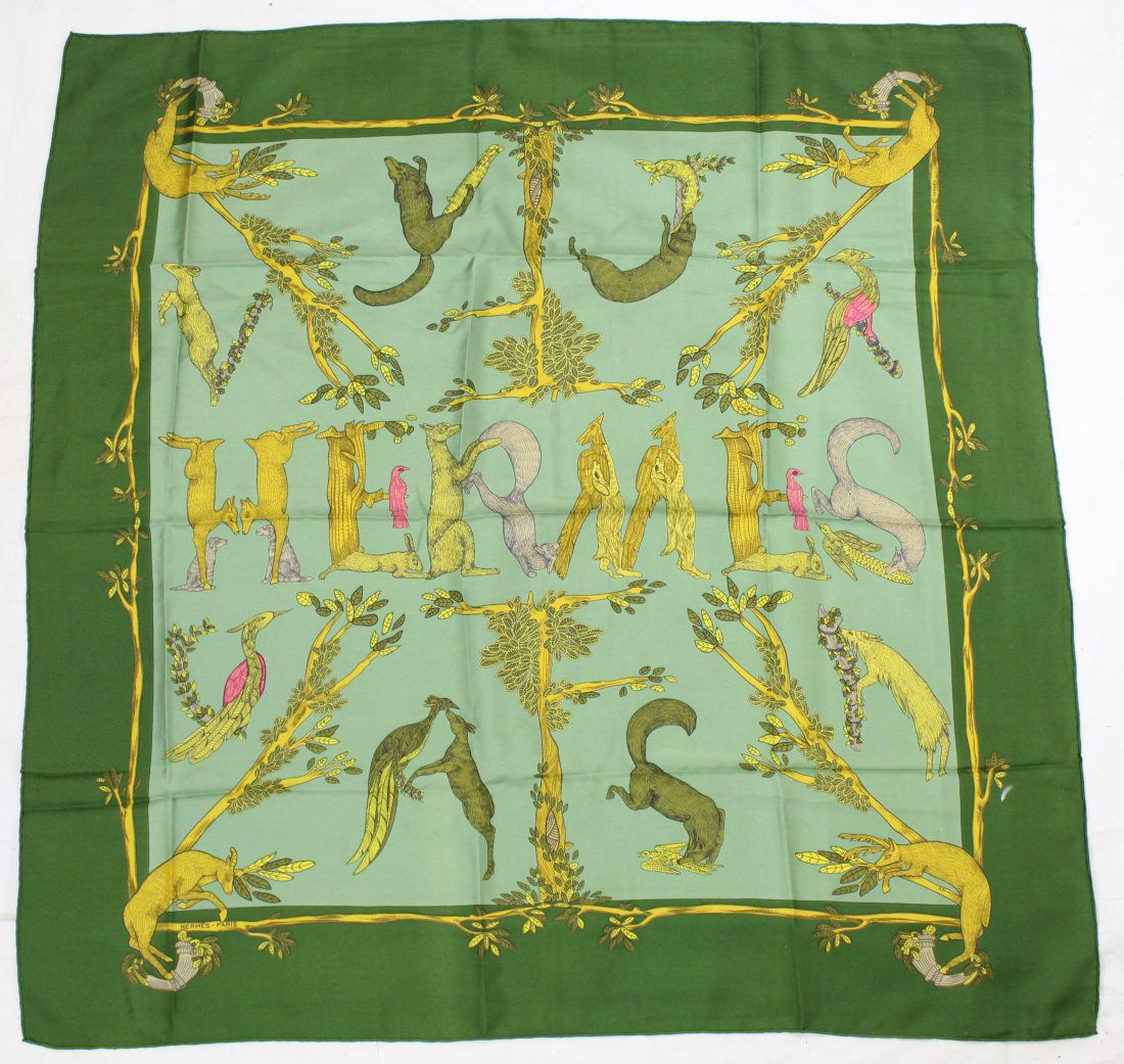 Hermes Alphabet III Silk Scarf: Designed by Annie Faivre. Original MADE IN FRANCE label. Hand rolled and stitched edges. Two small pin holes lower left corner; otherwise very good condition. 34.5" x 34.5" approx.