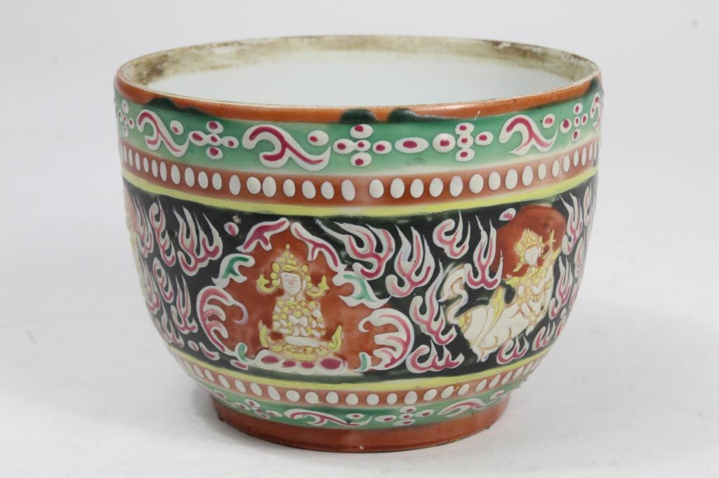 Antique Thai Benjarong Porcelain Bowl: Hand decorated with brightly colored enamel Buddhist deities and designs. Probably once with lid and metal trim to lip; otherwise excellent condition. 3 1/4" H x 4 3/8" dia. approx.