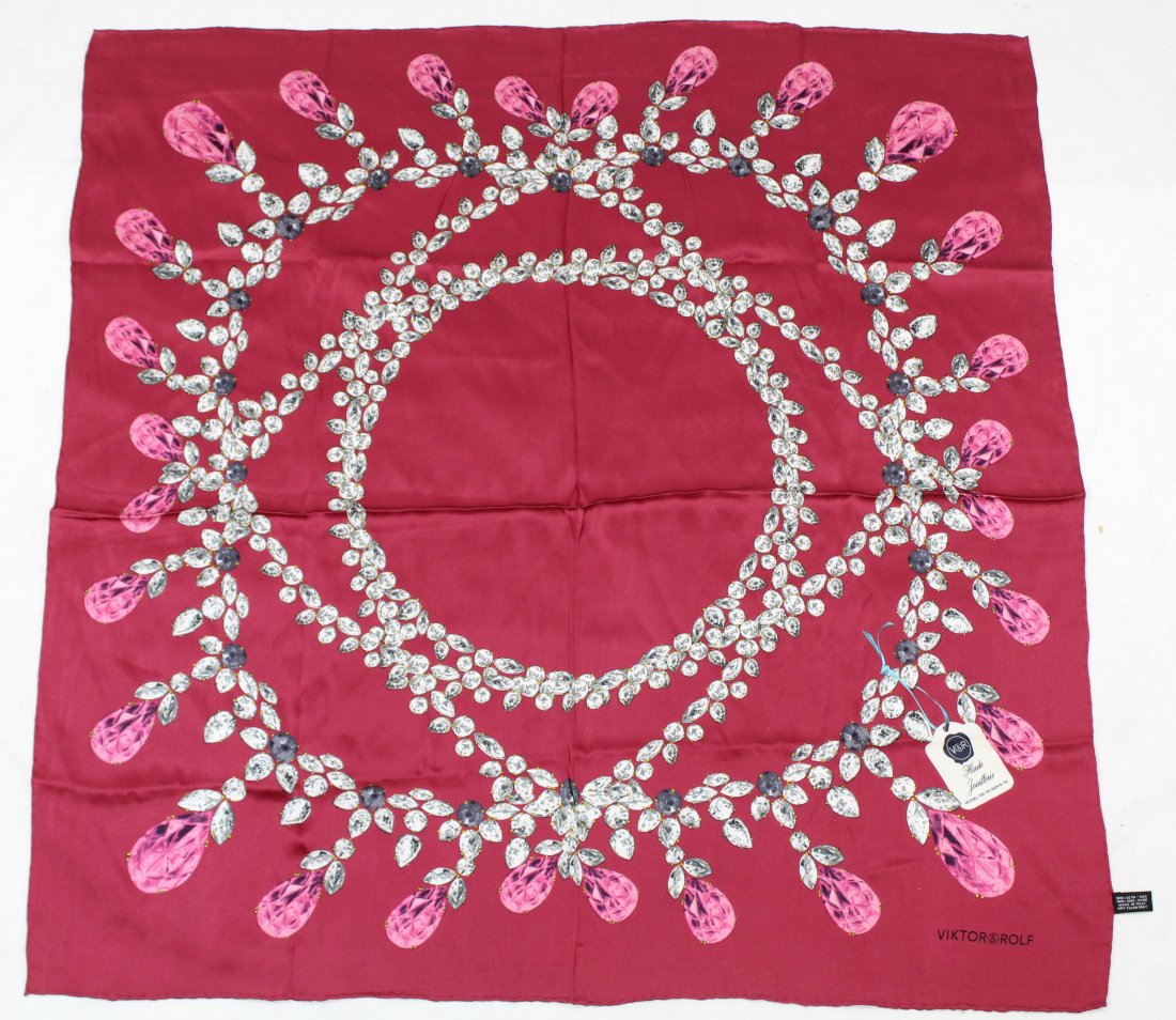 Victor & Rolf Silk Scarf: Daimond and ruby necklace motif. Original MADE IN ITALY label. Hand rolled and stitched edges. Good condition with no apparent spots, pulls, holes, etc. 33" x 33" approx.