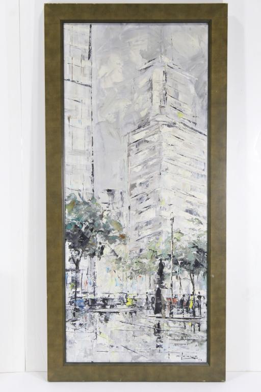 Jose Salazar (Mex.1926 - 2006) Mod Cityscape: Oil on canvas mod painting of a street corner in Mexico City names Paseo de la Reforma. Signed on the front and dated 1963. Signed and titled on the reverse. Framed. 30.5 x 14.5