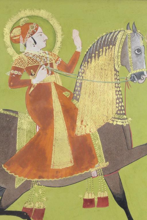 Rajah Horse Rajasthan 19c Mughal Indian Painting: Gold leaf embellished artwork depicting a Raja on horseback. Description on the treverse reads Early 19th century Rajasthan Rajah on the horse. 7.75" x 7". Frame 43.75 x 14.5