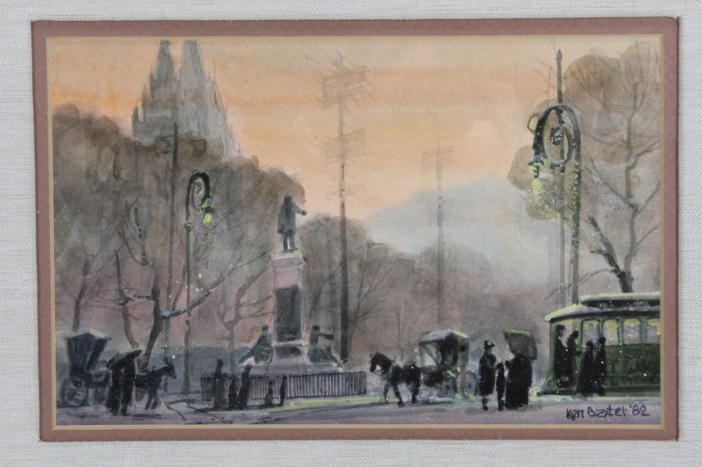 Ken Bishoff Baxter (1944- ) Oil Ptg Salt Lake City: Oil Painting by Utah artist Kenneth Bishoff Baxter of "Salt Lake City circa 1900" titled on the back “8282 B Y Snow and Umbrellas”From David Erickson Fine art Salt Lake city, Baxter was born in Ca