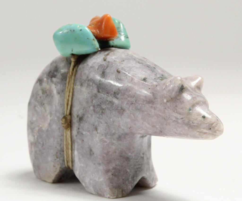 Zuni Fetish Carved Grey stone Carved Bear Coral & (1 of 5)