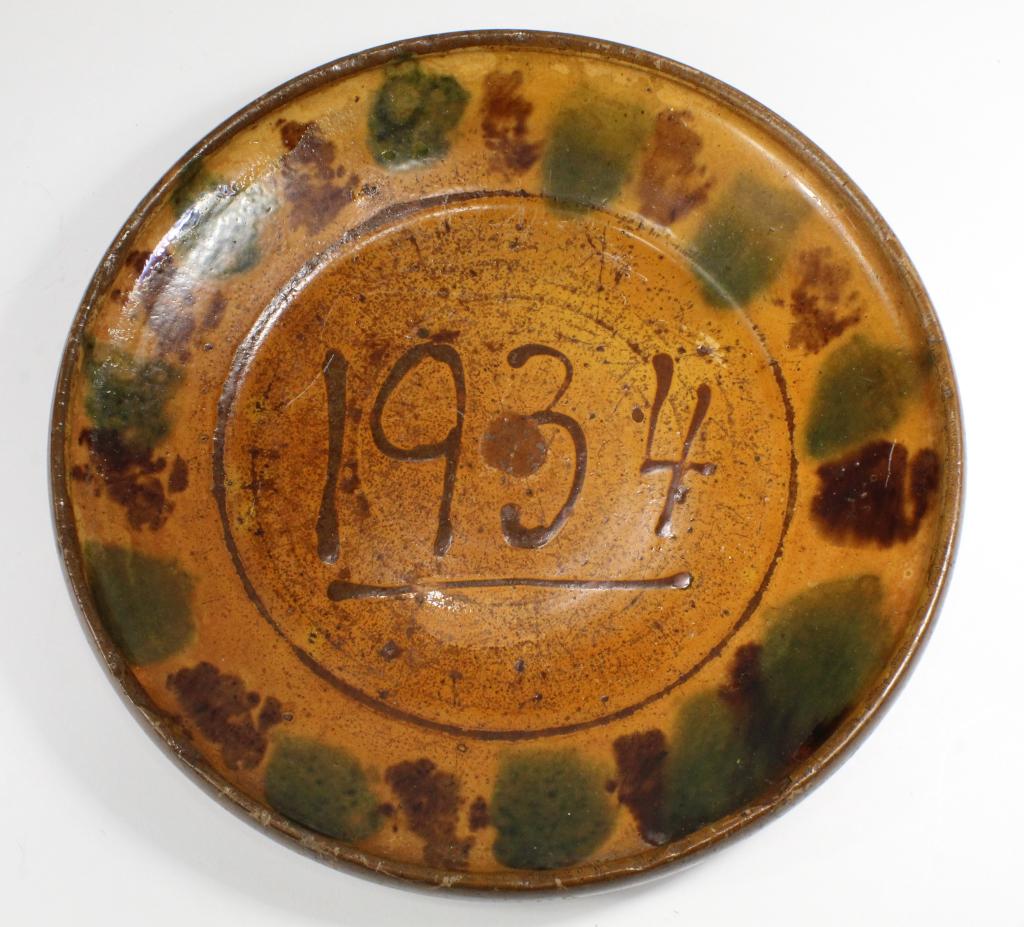 Redware / Spongeware Plate Dated 1934 (1 of 5)