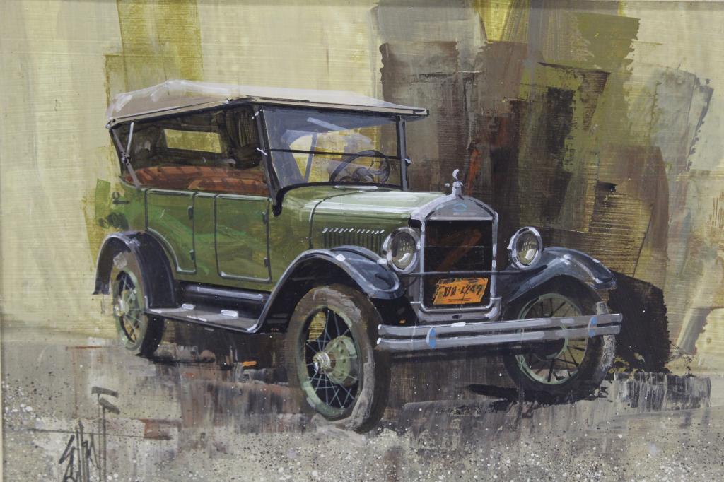 Vintage Artist Signed Oil Painting of Model T Car (1 of 5)