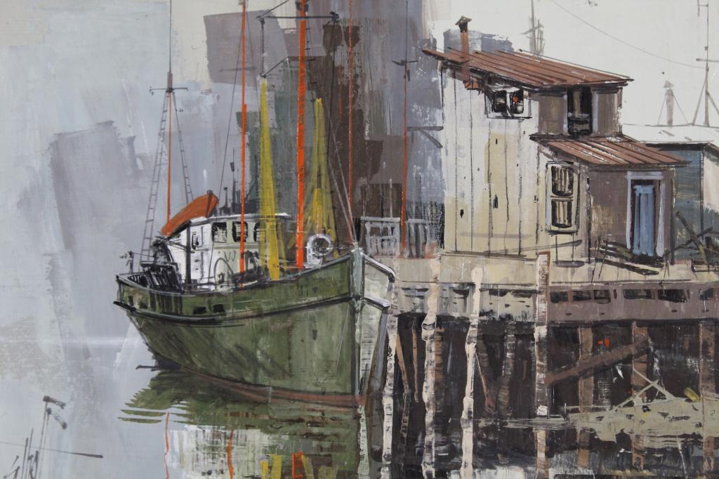 Vintage Artist Signed Oil Painting Boat at Dock (1 of 6)