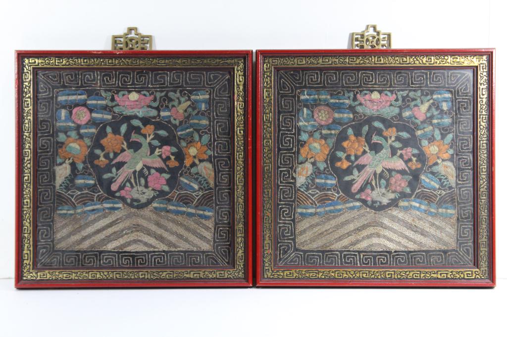 Chinese Mandarin Square Peacock Rank Badges: A pair of Mandarin Square Rank badges in contemporary chinese style frame. Each badge embroidered with peacock standing in a floral grove surrounded by flowers. Circa early 20th C. Very good condition