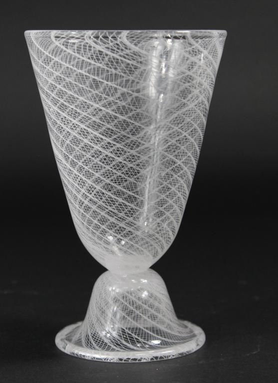 Venetian Murano Latticinio Goblet / Footed Vase: Clear glass with all-over white latticinio swirls. No apparent mark or signature. Excellent condition. 6 1/4" H x 3 7/8" lip dia.
