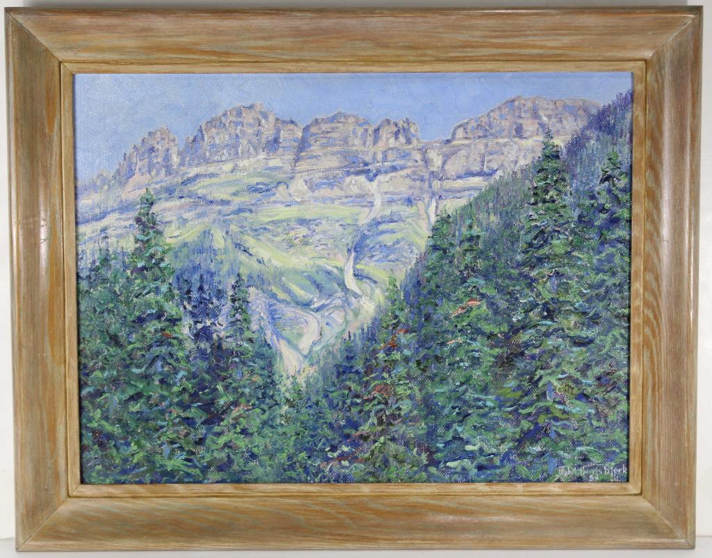 Mabel Norris Bjork (1902-1996) Montana Painting: "Garden Wall, Glacier Park, Montana", 1954. Signed and dated 54 lower right. Titled to the reverse along with label notations. Board 18" x 24". Oak frame 22.75" x 28.75".