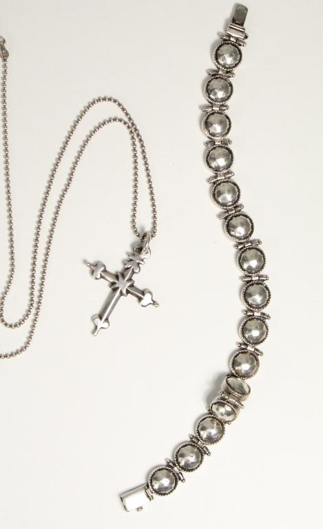 Sterling Toulhoat Pendant & Kionas Bracelet: (1) Pierre Toulhoat France sterling cross pendant . Marked TOULHOAT. 1 3/8" x 1" approx. Includes 19" marked 925 ball link chain. Excellent condition. Total 6 grams approx. (2) Kionas Greece 850 silve