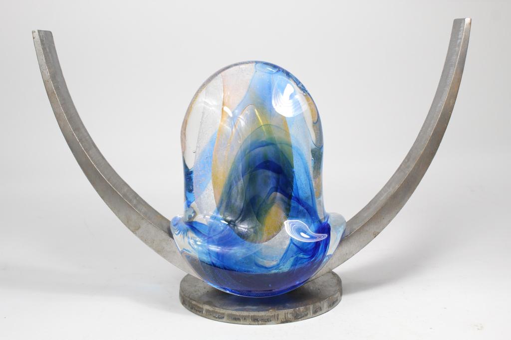 Doris Chase (WA) Glass & Steel Sculpture: Art glass sculpture with 2-piece metal base. Glass element with etched D. Chase and '96 date; both steel elements with etched D. Chase signatures. All pieces in excellent condition; some surface rust 