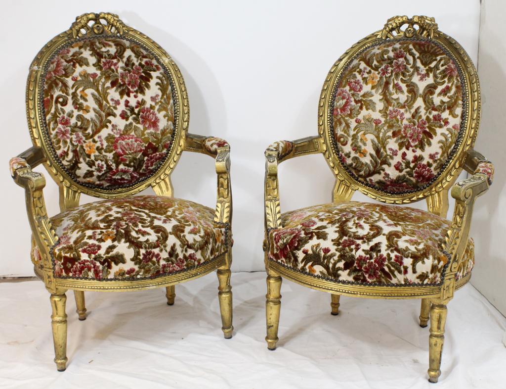 Pair French Carved & Gilded Armchairs (1 of 15)