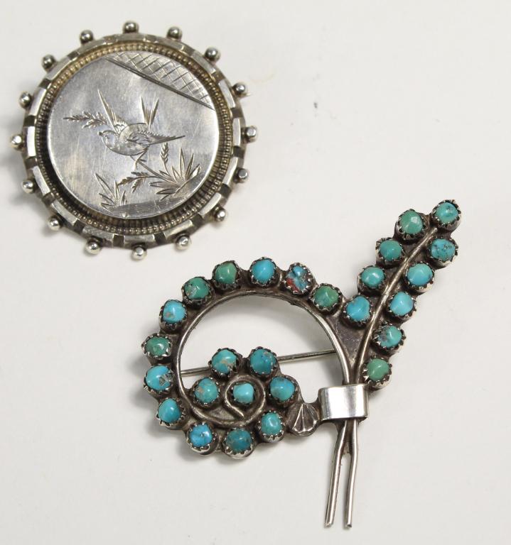 English Sterling Pin & Turqouise Sterling Pin: (1) Antique bird engraved sterling pin with 19th C. Birmingham hallmarks. 1 3/8" dia. (2) Modernist sterling pin set with rough polished turquoise stones. No apparent mark; possibly Native American. 2