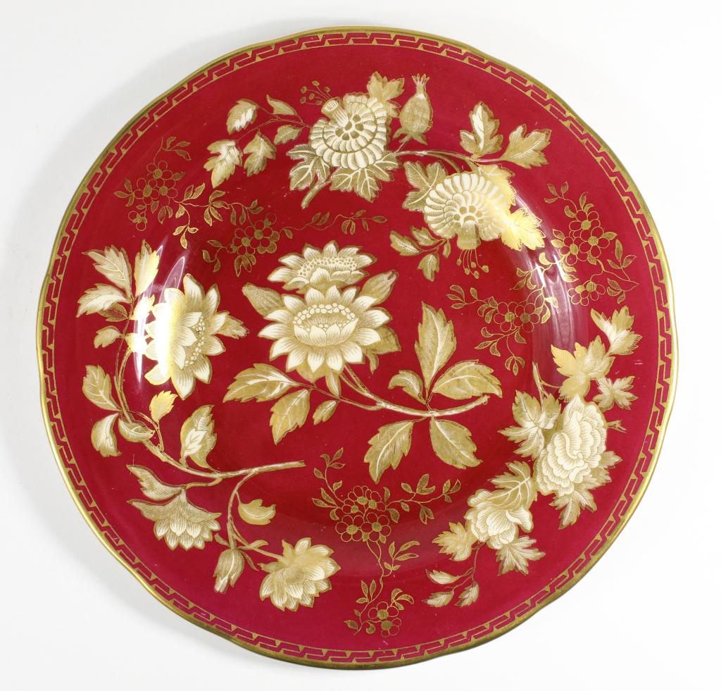 Wedgwood TONQUIN RUBY Salad Plates: Set of 10 Tonquin Ruby pattern bone china salad plates (7 with green marks and 3 with brown marks). Very good condition with some light signs of use; no gold wear loss. Discontinued pattern, active 19