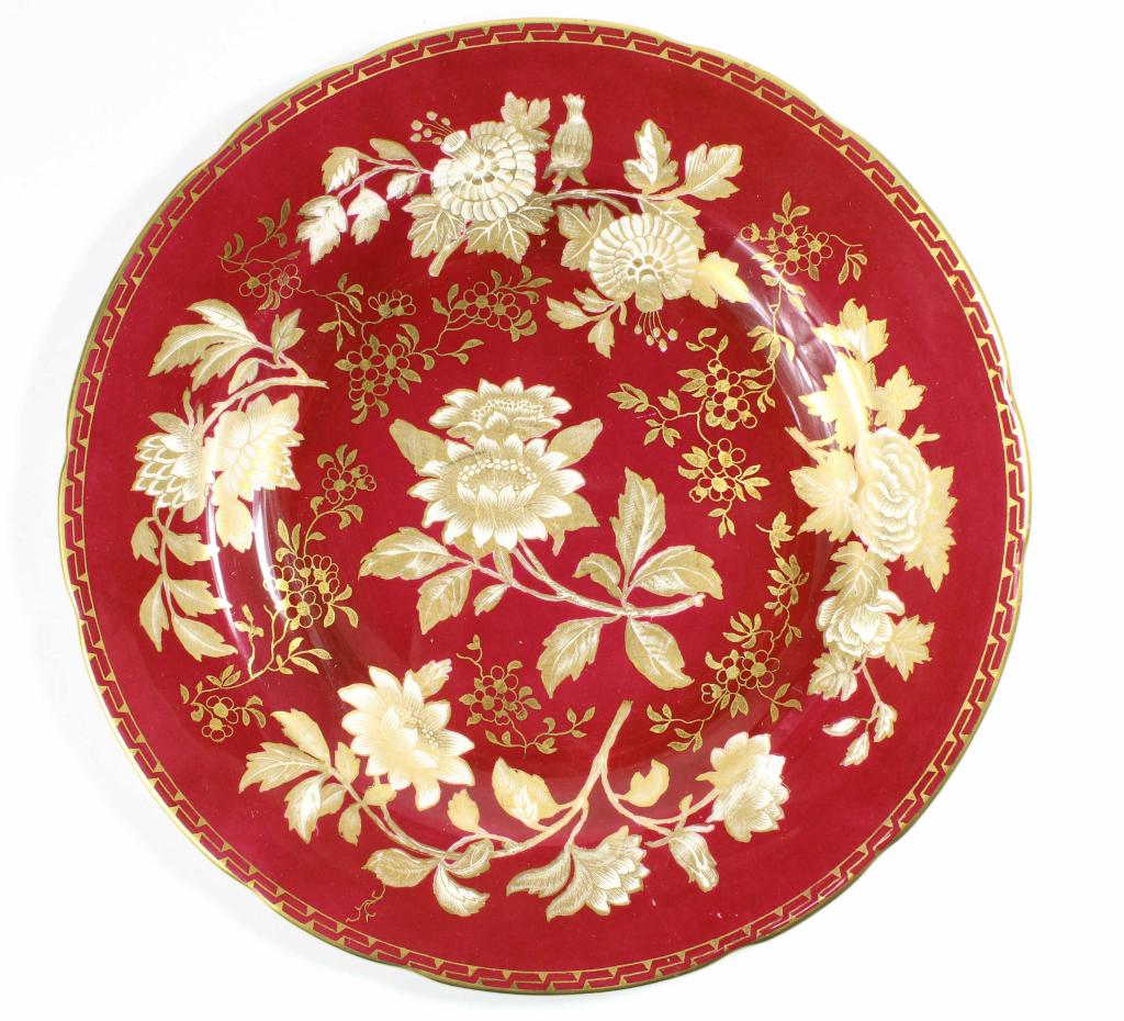 Wedgwood TONQUIN RUBY Luncheon Plates: Set of 6 Tonquin Ruby pattern bone china luncheon plates with brown marks. Very good condition with some light signs of use; no gold wear loss. Discontinued pattern, active 1930-1990. 9.25" dia.