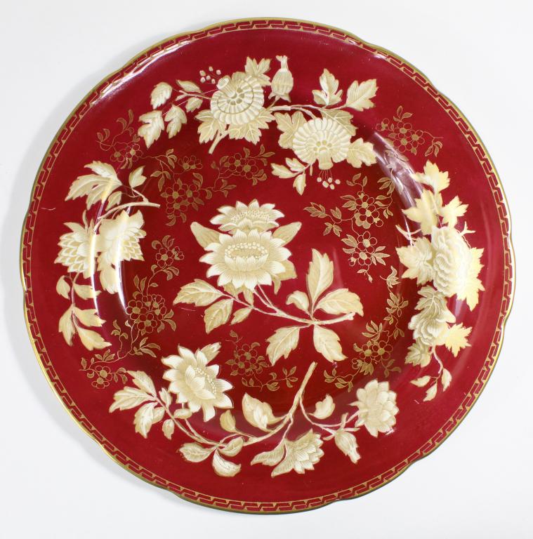 Wedgwood TONQUIN RUBY Dinner Plates: Set of 6 Tonquin Ruby pattern bone china dinner plates with green marks. Very good condition with some light signs of use; no gold wear loss. Discontinued pattern, active 1930-1990. 11" dia.
