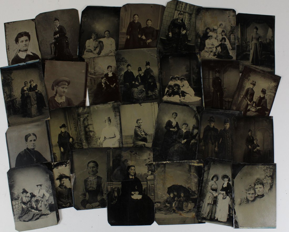 Large Collection Antique Tintypes of Women: Group of 28 tintype photographs of women posed singly, in pairs, and in groups. Good condition with normal expected signs of age, etc. Largest 4 1/8" x 2 1/2" approx. Smallest 2 1/2" x 1 5/8" approx.