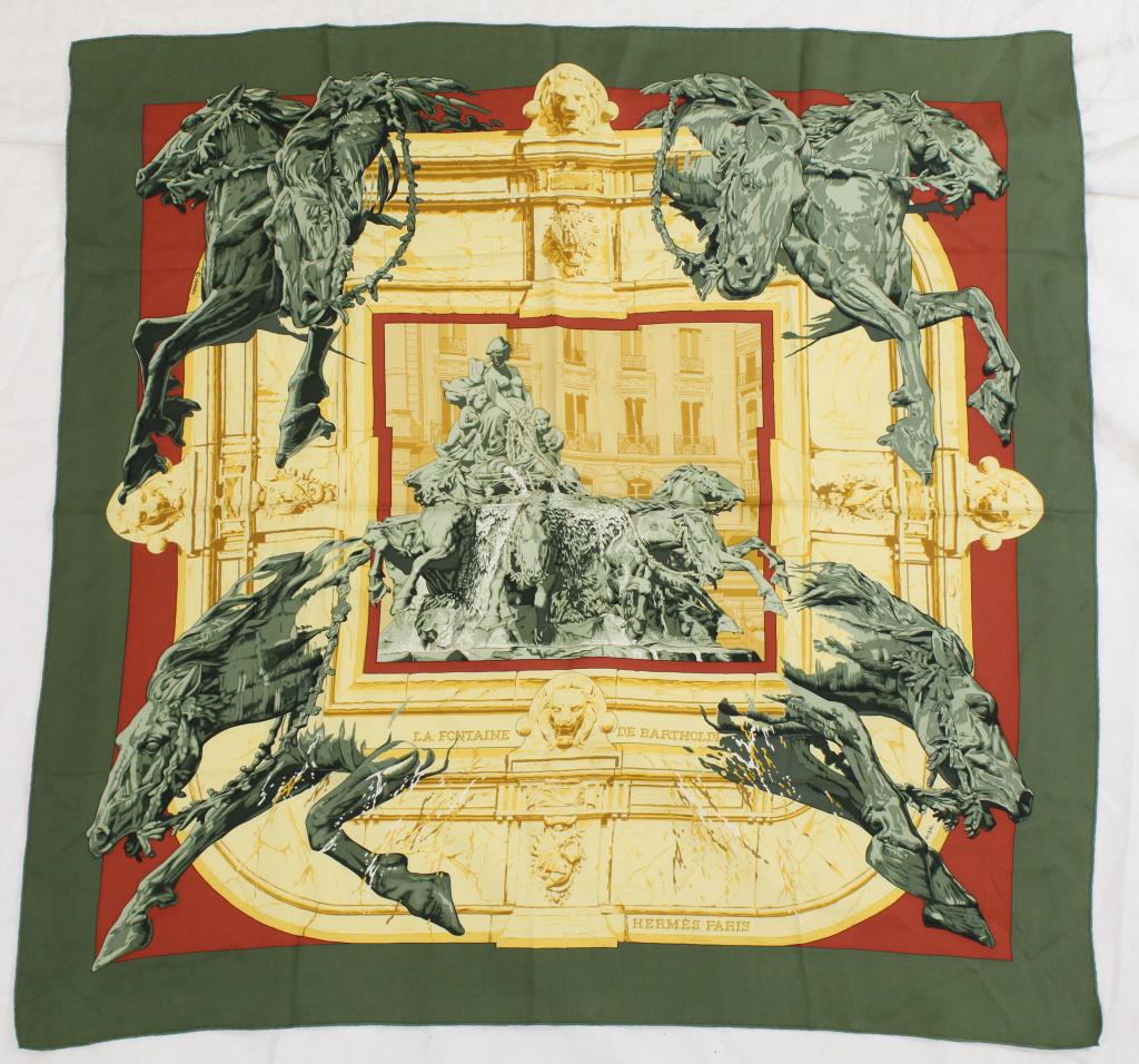 Hermes La Fontaine de Bartholdi Silk Scarf: Designed by Rybal. Hand rolled and stitched edges. Very good condition with no apparent spots, pulls, holes, etc. 34" x 34.5" approx.