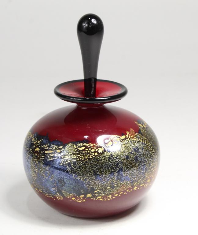 Michael Nourot Art Glass Bottle / Pilchuck Artist: Perfume bottle in red glass with gold leaf / blue metallic center band and black glass dauber stopper. Hand etched to bottom: Nourot MP 198 99 ACC. Excellent condition. Bottle 3.5" H (5.75" H includin