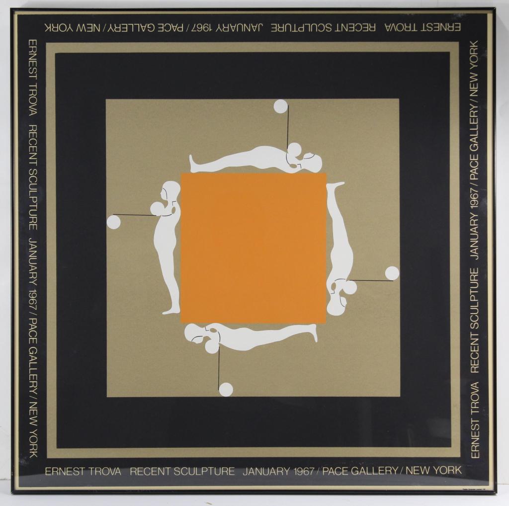 Ernest Trova 1967 Exhibition Poster: Original 1967 Pace Gallery Exhibition Poster for Recent Sculptures by Ernest Tino Trova (US, 1927-2009). Silkscreen. Custom black metal frame with plexiglass. Excellent condition. 26.25 x 26.25"