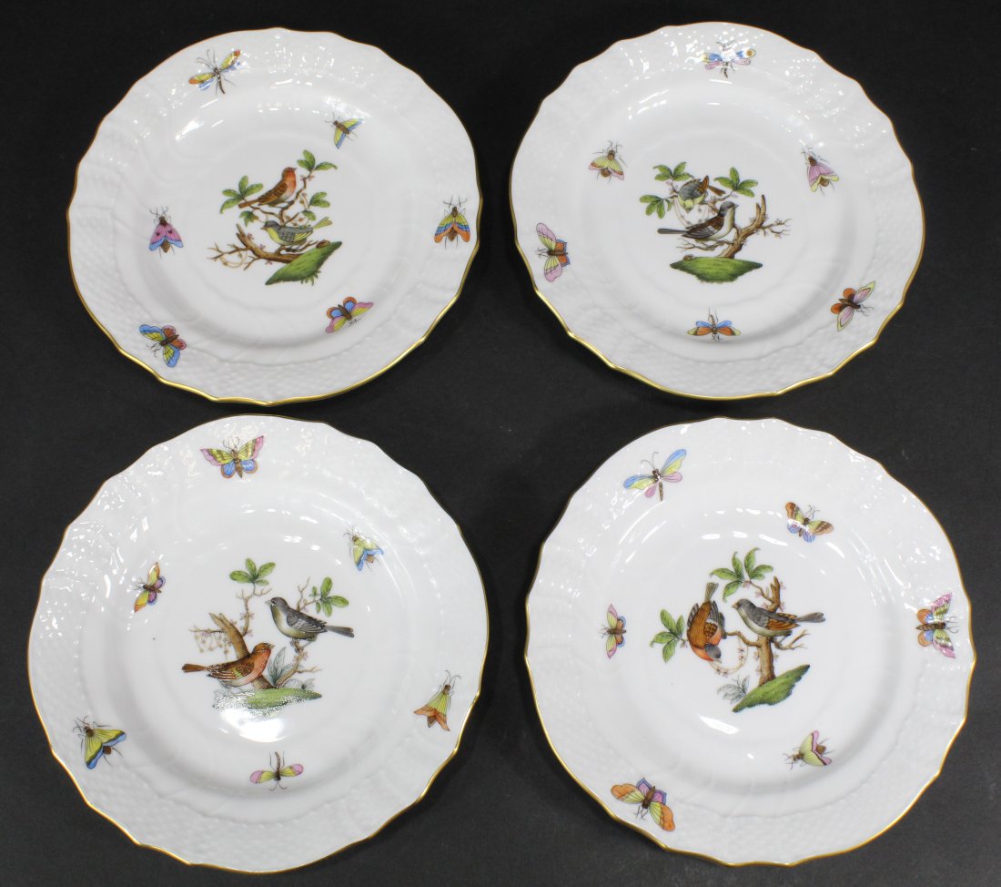 Herend Rothschild Bird Pattern Bread Plates: Set of 4 Herend "Rothschild Bird" bird pattern bread and butter plates. Hand painted bird, butterfly, and insect motif with gilt rims. Impressed and blue Herend Hungary marks along with handwritten nu