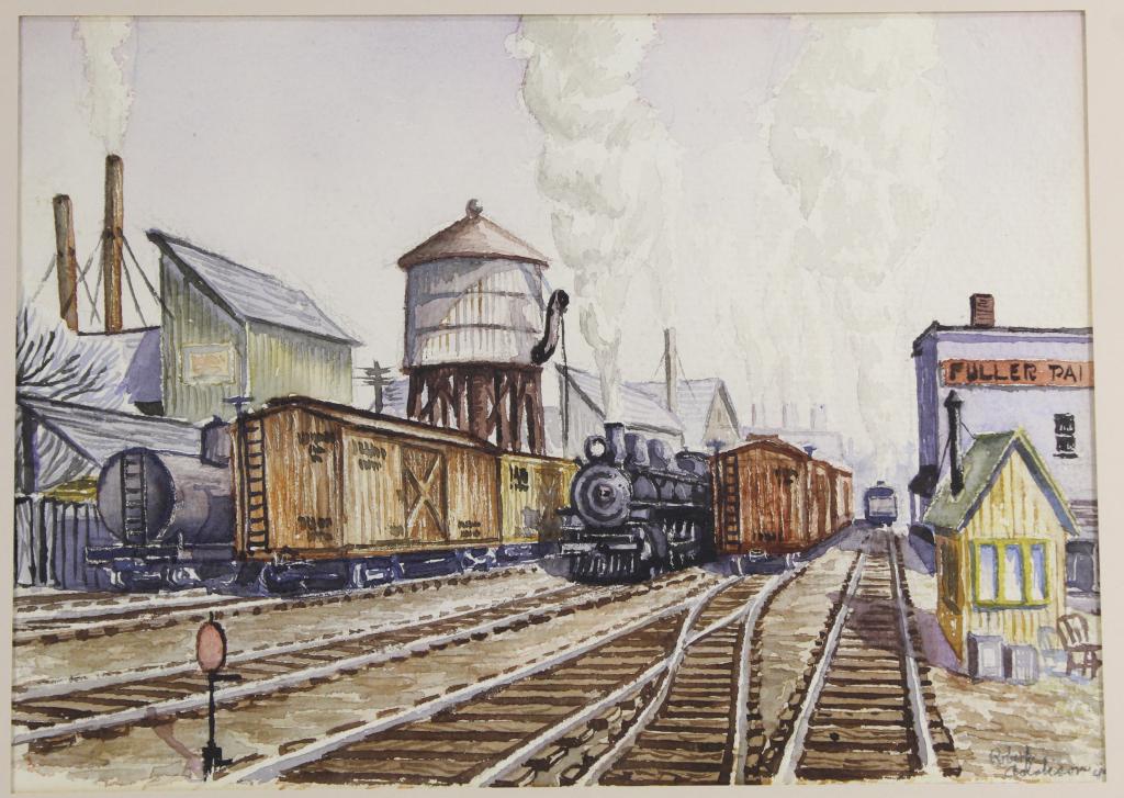 Robert Addison (1924-1988) Watercolor Train Yard: Early original 1944 watercolor by Robert William Addison. Train yard scene with smokestacks and buildings. Pencil signed and dated '44 lower right. Appears in very good condition; not examined out of