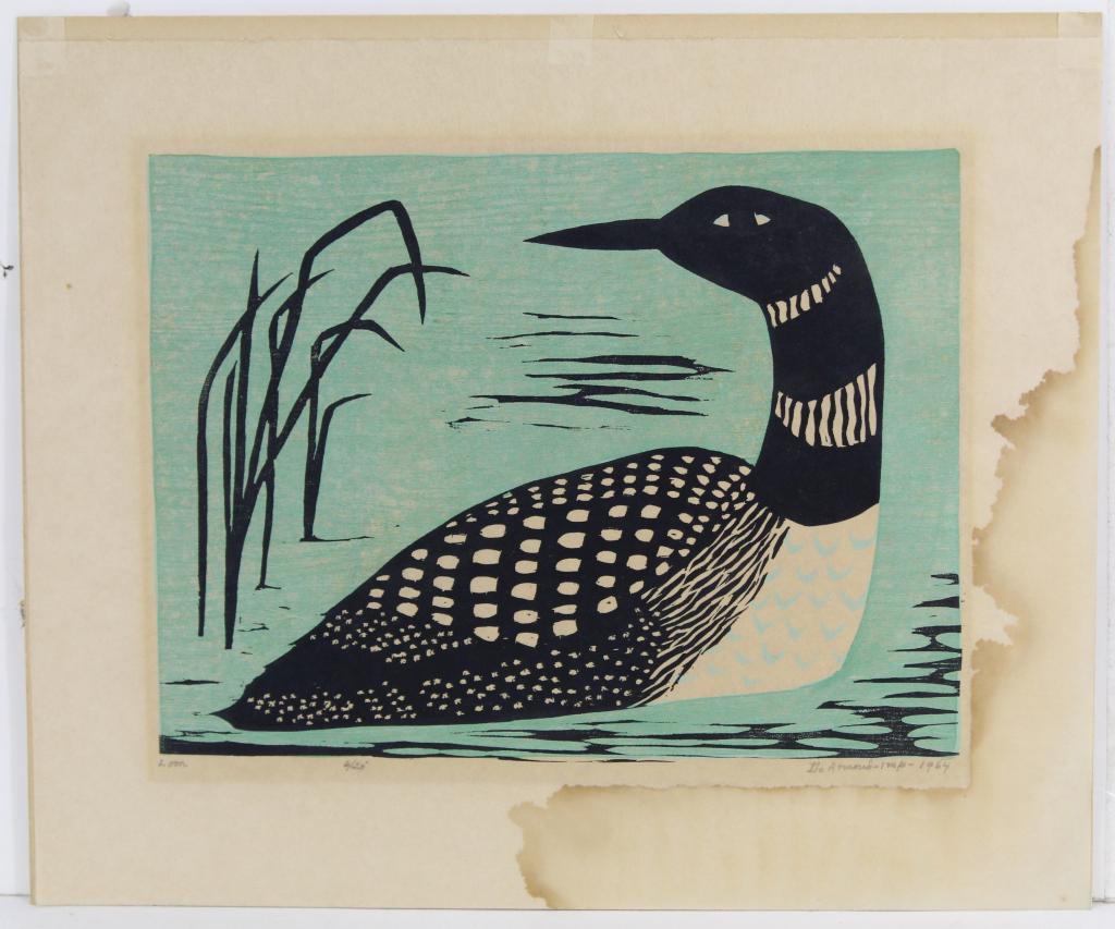 Dale DeArmond (1914-2006) Woodcut Print: "Loon", 1964. Pencil titled, numbered 6/ 20, signed, and dated below image. Good colors with even age toning and mat line to paper. Water stains from previous mat to right side and bottom margins (sto