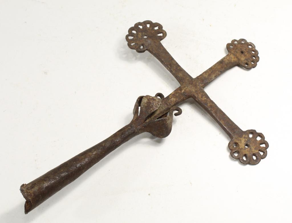 Antique Spanish Colonial Crosier Cross: Hand forged wrought iron cross form crosier top. Good condition with signs of age, small bends, loss of one curled "leaf" point, old surface patina, etc. Does not include staff. 10.5" H x 7" W.