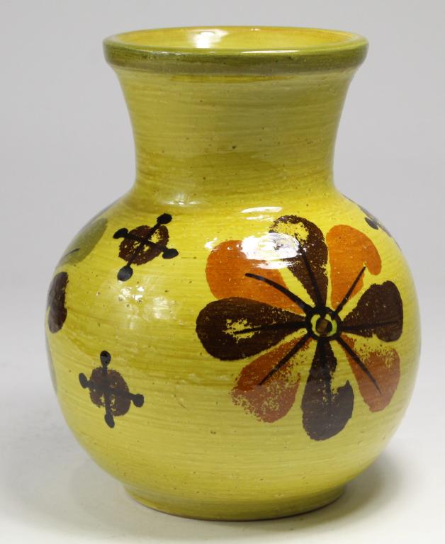 Bitossi Italy Pottery Vase for Rosenthal Netter: Hand painted modernist flower design on chartreuse / yellowish ground. Unmarked. Excellent condition with one tiny flea bite glaze nick to outer lip. 7" H x 6" dia. approx.