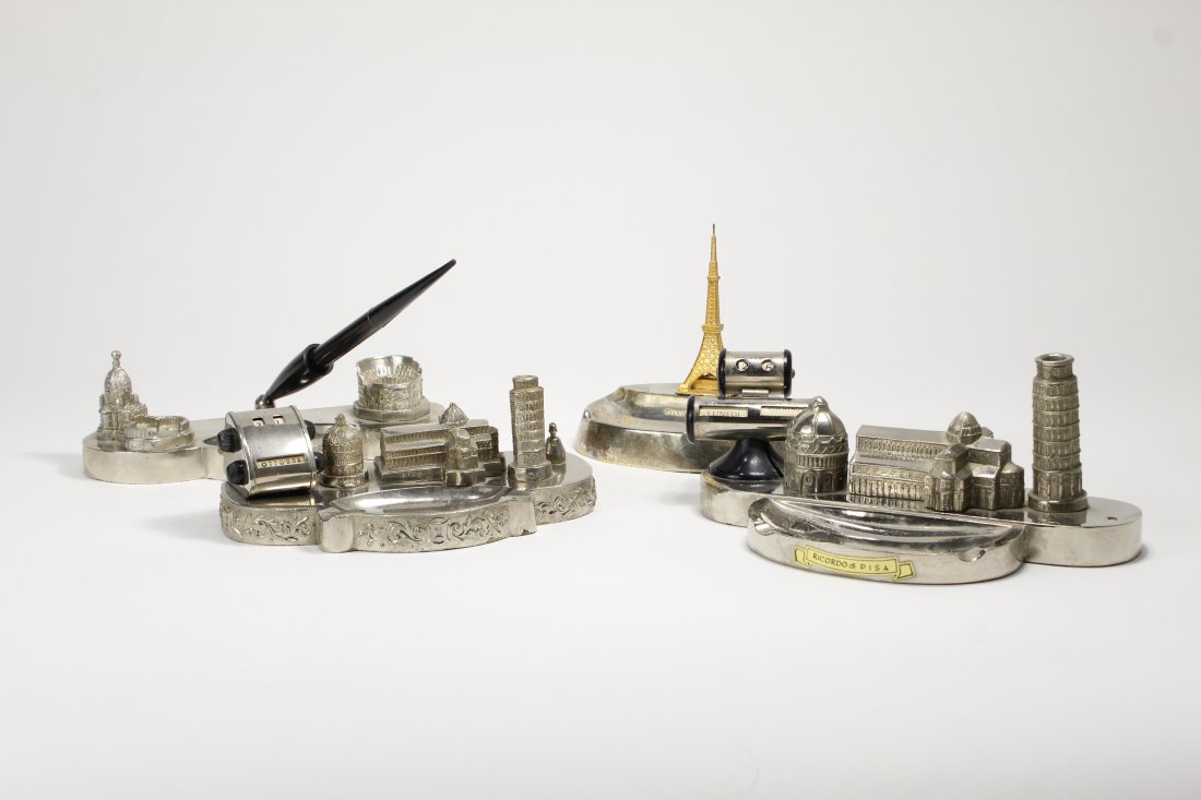 Collection 4 Vintage Souvenir Buildings/ Ashtrays: 4 vintage souvenir buildings mounted to ashtrays. Included are 2 calendar ashtrays of Pisa. Rome and Tokyo Tower. Largest 8.75" long. Largest Pisa ashtray missing 1 feature.