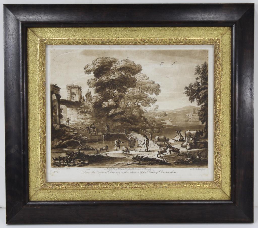 Claude Lorraine Engraving Collection Duke Devonshi: Engraving from the original drawing from the Collection of Duke of Devonshire after Claude Lorraine published in 1774, John Boydell engraver framed , Light tong and foxing to engraving, frame 14" X 16