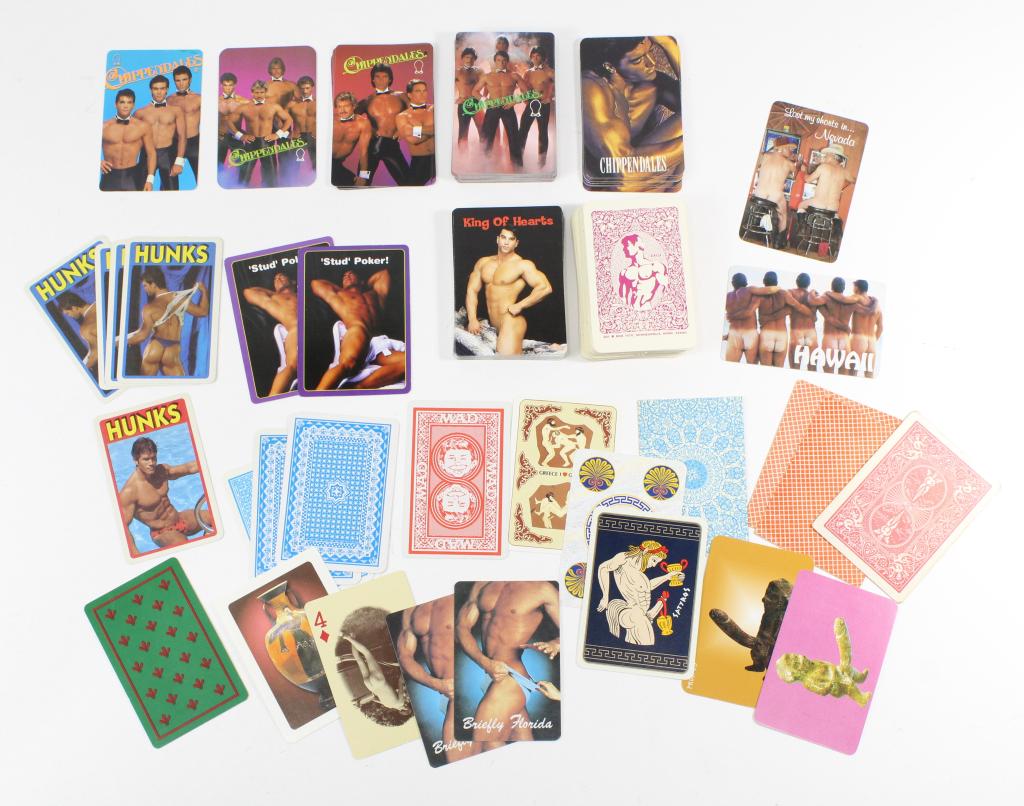 1970s-90s Male Nude Playing Cards / Chippendales: 1970s set (missing 4 of diamonds) by DSI, partial 90s Chippendales sets with various style backs, and many odd single cards. All very good to excellent condition.